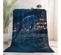 Couverture Polaire Douillette Rêve Ciel Nocturne Dauphins - Ultra Douce et Chaude Bleu-Gris Flanelle Fourrure pour Canapé Lit, Léger et Confortable pour Adultes 220 x 240 cm