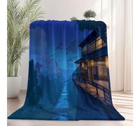 Couverture Polaire Douillette Style Japonais Maisons rivière Arbres - Ultra Douce et Chaude Bleu Flanelle Fourrure pour Canapé Lit, Léger et Confortable pour Adultes 220 x 240 cm