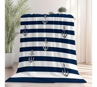 Couverture Polaire en Flanelle 130x150 cm - Imprimé Rayé Nautique Ancre Hiver Chaude Douce Moelleuse Jeté de Canapé, Blanc Bleu Microfibre Couverture de Lit Convient Adulte et Enfant