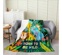 Couverture polaire en flanelle à thème zoo pour enfants, filles, garçons, adultes, lion, girafe, éléphant, feuilles de palmier tropicales, décoration de chaise, canapé, lit, 152,4 x 203,2 cm