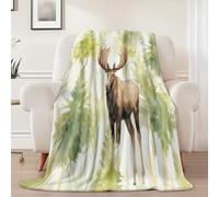 Couverture Polaire en Flanelle avec imprimé Feuilles Vertes Délicates Animaux Cerf, Vert Olive légère et Confortable Couverture pour Chambre à Coucher Salon canapé - 150 x 200 cm