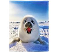 Couverture polaire en flanelle, douce et moelleuse, motif phoque mignon, 101,6 x 127 cm, blanc