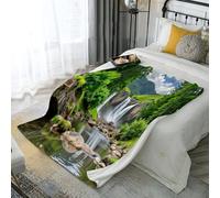 Couverture Polaire en Flanelle Vert, Motif Nature Cascade Pierres Chaud et Doux Couverture avec Forêt Nature Légère Confortable Plaid en Peluche pour Garçons 180 × 200 cm