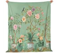 Couverture Polaire en Flanelle Vert Sauge - 150 x 200 cm Chaud et Doux Couverture avec Style Chinois Plante en Pot Motif pour Garçons Filles, Légère Confortable Plaid en Peluche