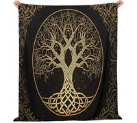 Couverture Polaire en Microfibre Flanelle 200 x 220 cm Motif Arbre À Nœuds Celtiques De Luxe, Canapé Nap Couvertures pour canapé lit Couch Chambre Salon Enfant Adolescents et Adultes, Noir Or