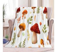 Couverture Polaire Flanelle Dessin Animé Champignons Feuilles Polaire Plaid, Jeté de Canapé Douillette Confortable Couverture de Lit 2 Personnes Plaid d'hiver, 180 x 200 cm Crème