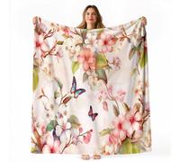 Couverture Polaire Fleurs Roses Papillons Romance Nature Moelleuse Douce et Chaude Pêche Rose Vert Malachite Couverture de Voyage, pour Chambre à Coucher, Salon, Bureau 220 x 260 cm