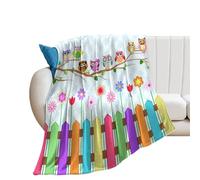 Couverture Polaire Funny Cute Owls Rainbow Colorful Wooden Boards Cartoon Flower Owl Plaid Polaire Haute Qualité Couverture en Peluche Doux Plaid Canape pour Canapé Chambre À Coucher M