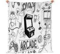 Couverture Polaire Hiver Jeux d'arcade, Dessins à la Main Couvre-Lit en Peluche, Couverture Moelleuse pour Adultes Enfants 200 x 220 cm Canapé décorationNoir