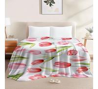 Couverture Polaire Hiver Tulipes Roses à l'aquarelle Couvre-Lit en Peluche, Couverture Moelleuse pour Adultes Enfants 220 x 240 cm Canapé décorationRose Vert