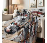Couverture Polaire Horse with Feathered Print Native American Rtro Plaid Canape Confortable Plaid Polaire Luxueuse Couverture en Peluche pour Chambre À Coucher Camping Toutes Les Saisons M
