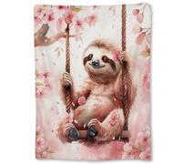 Couverture Polaire Paresseux sur Une Balançoire Fleur De Cerisier Plaid Canape Confort Couvertures en Flanelle Moelleuse Plaid Polaire pour Chambre À Coucher Canapé Lit S