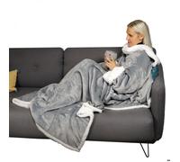 Couverture polaire, plaid intégral avec manches et poche - 140 x 210 cm - Sherpa et flanelle - Adulte - Gris - Vivezen