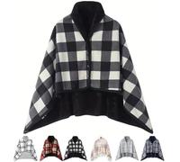 Couverture polaire portable, écharpe chaude, couvre-lit, écharpe à carreaux double couche pour l'hiver, poncho en flanelle avec boutons, Noir , taille unique