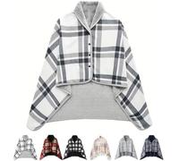 Couverture polaire portable, écharpe chaude, couvre-lit, écharpe à carreaux double couche pour l'hiver, poncho en flanelle avec boutons, Blanc gris., taille unique