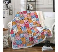 Couverture Polaire Sherpa Plaid Comme Jeté de Canapé ou Jete de Lit - Plaid Doux et Moelleux Motif de Cartoon Pour Adultes et Enfants - Couverture Chaude Hiver avec Motif de Tête de Chat 130x150 B63