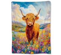Couverture Polaire Vache des Highlands Mignonne Dessinée À La Main Couvertures en Flanelle Moelleuse Couverture en Peluche Confortable Plaid Polaire pour Chambre À Coucher Lit Canapé L