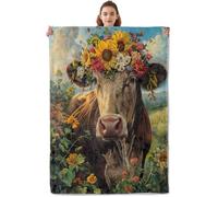 Couverture Polaire Vache Mignonne avec des Fleurs Couverture en Peluche Confortable Plaid Canape Moelleuse Plaid Polaire pour Lit Camping Chambre À Coucher L