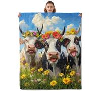 Couverture Polaire Vache Mignonne Et Fleurs Plaid Canape Élégante Plaid Polaire Confort Couverture en Peluche pour Lit Camping Canapé L