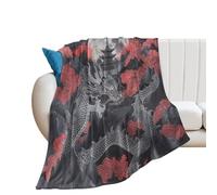 Couverture Polaire Vintage Animal Dragon Rustic Japanese Ancient Architecture Full Moon Plaid Canape Confortable Couverture en Peluche Moelleuse Plaid Polaire pour Camping Canapé M