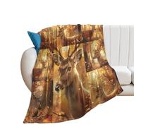 Couverture Polaire Watercolor Animal Deer Fallen Leaves Rustic Autumn Landscape Sunset Couverture en Peluche Confort Plaid Polaire Légère Plaid Canape pour Canapé Chambre À Coucher Camping M