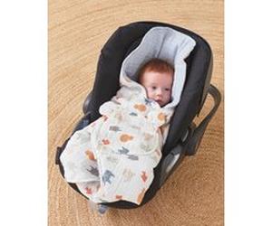 Couverture promenade mousseline de coton BIO ouatinée, écru/bleu