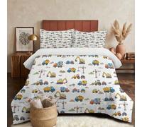 Couverture Réversible Douce 200X200Cm Thème De Voiture Jouet De Dessin Animé | Couverture 4 Saisons Hypoallergénique Respirante, Mignonne Pelleteuse Blanc Édredon Matelassé Avec Taies D'Oreiller