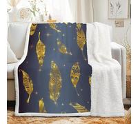 Couverture Sherpa à Motif Plumes Dorées 150x200 cm - Plaid Polaire Double Epaisseur Douillette et Chaud - Ciel Étoilé Géométrique Bohème Décoratif Plaid Canape pour Lit 1 Personne ou Canapé, G-603