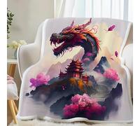 Couverture Sherpa à Motif Style Japonais 150x200 cm - Plaid Polaire Double Epaisseur Douillette et Chaud - Dragon Sakura Décoratif Plaid Canape pour Lit 1 Personne ou Canapé, G-36