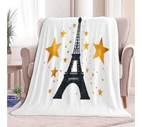 Couverture Sherpa Blanc pour Enfants et Adultes, Couverture Imprimée Clip Art Tour Eiffel étoiles Douce - Plaid Hypoallergénique Douillette pour Canapé Lit et Décoration de Salon, 150 x 200 cm