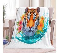 Couverture Sherpa Blanc pour Enfants et Adultes, Couverture Imprimée Dessin animé tête Tigre éclaboussures d'eau Douce - Plaid Hypoallergénique Douillette pour Canapé Lit et Salon, 150 x 200 cm