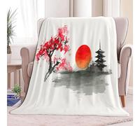 Couverture Sherpa Blanc pour Enfants et Adultes, Couverture Imprimée Style Japonais pagode Fleurs de Cerisier Douce - Plaid Hypoallergénique Douillette pour Canapé Lit et Salon, 220 x 240 cm