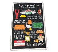 Couverture Sherpa Friends série TV, plaid avec impressions iconiques, design noir avec citations, 'How You Doin', 'You Are My Lobster'