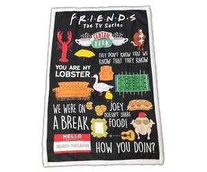 Couverture Sherpa Friends série TV, plaid avec impressions iconiques, design noir avec citations, 'How You Doin', 'You Are My Lobster'