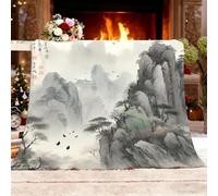 Couverture Sherpa XL 130x150cm Peinture De Paysage à L'Encre De Chine Chaud en Flanelle Polaire Résistante aux Plis Anti-décoloration Blanc Plaid pour Canapé d'Intérieur Bureau Pause Déjeuner