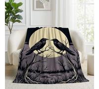 Couverture Sombre Branches Mortes Corbeaux Noirs 130 x 150 cm Couverture | Gothique Pleine Lune Jaune Pâle Douce Moelleuse Flanelle Plaid Polaire Jeté de Canapé Convient Adultes et Enfants