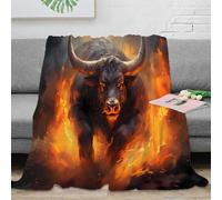 Couverture Taureau Flamboyant 3D Printing Microfibre Décor Maison Bison en Flammes Throw Blanket Adultes Ados Canapé Lit 50x60(127x152cm)