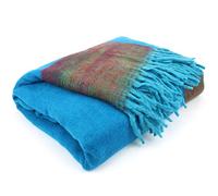 Couverture tibétaine en laine mélangée pour canapé, pour soirée, couple, festival, camping, pique-nique, camionnettes, Bleu avec revers vert et rouge, taille unique