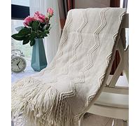 Couverture tricotée à franges pelucheuse, légère, douce et confortable pour lit, canapé, chaise (crème)