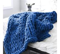 Couverture Tricotée Chenille Fil Tricoté à la main Couvre-lit Animaux Lit Chaise Canapé Bras Tricot Couverture Éparpillée Maison Décor Cadeau, Bleu Foncé, 50x50cm