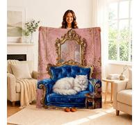 Couverture vintage avec citation d'art de chat 101,6 x 127 cm | Miroir doré orné, couverture en flanelle, fauteuil bleu roi, papier peint damassé vintage, style artistique sophistiqué