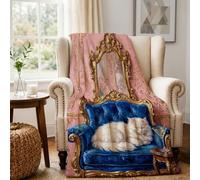 Couverture vintage avec citation d'art de chat 101,6 x 152,4 cm | Miroir doré orné, couverture en flanelle, fauteuil bleu roi, papier peint damassé vintage, style artistique sophistiqué