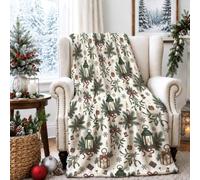 Couverture vintage avec motif lanterne de Noël 127 x 152,4 cm | Motifs de vacances vintage, couverture en flanelle, gui et nœuds, décoration saisonnière de salon, textures d'hiver