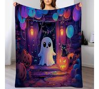 Couvertures Blanc Orange Ballon Fantôme d'halloween en Flanelle Polaire Personnages De Dessins Animés Doux Et Chaude pour Chambre À Coucher,Salon Jeté De Canapé Lit Décorations,100X130Cm