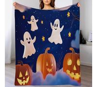 Couvertures Blanc Orange Citrouille Fantôme d'halloween en Flanelle Polaire Personnages De Dessins Animés Doux Et Chaude pour Chambre À Coucher,Salon Jeté De Canapé Lit Décorations,75X100Cm