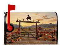 Couvertures de boîte aux lettres magnétiques Western Cowboy Automne Harvest | Thème occidental, enveloppes de boîte aux lettres, grange rustique, citrouilles de récolte, paysage de montagne au coucher du