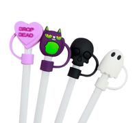 Couvertures de paille d'Halloween, ornements de paille d'Halloween pour gobelets, décoration de paille réutilisable de 8 mm | 4 pièces mignonnes couvertures de paille pour chat, style Halloween et