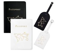 Couvertures de Passeport et Étiquettes à Bagages, 2 x Protege Passeport Cuir et 2 x Étiquette Valise Porte-Passeport pour Femmes Hommes Cadeau de lune de miel pour Couples (Noir+Blanc)