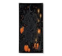 Couvertures de porte décoratives en forme de roses, citrouilles sombres, bougies d'Halloween noires avec corde à suspendre, bannière de porte, décoration d'intérieur et d'extérieur, 91,4 x 183 cm