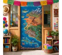 Couvertures de porte illustrées avec carte au trésor des îles tropicales | Paysage côtier des îles tropicales, panneau de porte d'entrée, thème d'exploration aventureuse, cartographie artistique